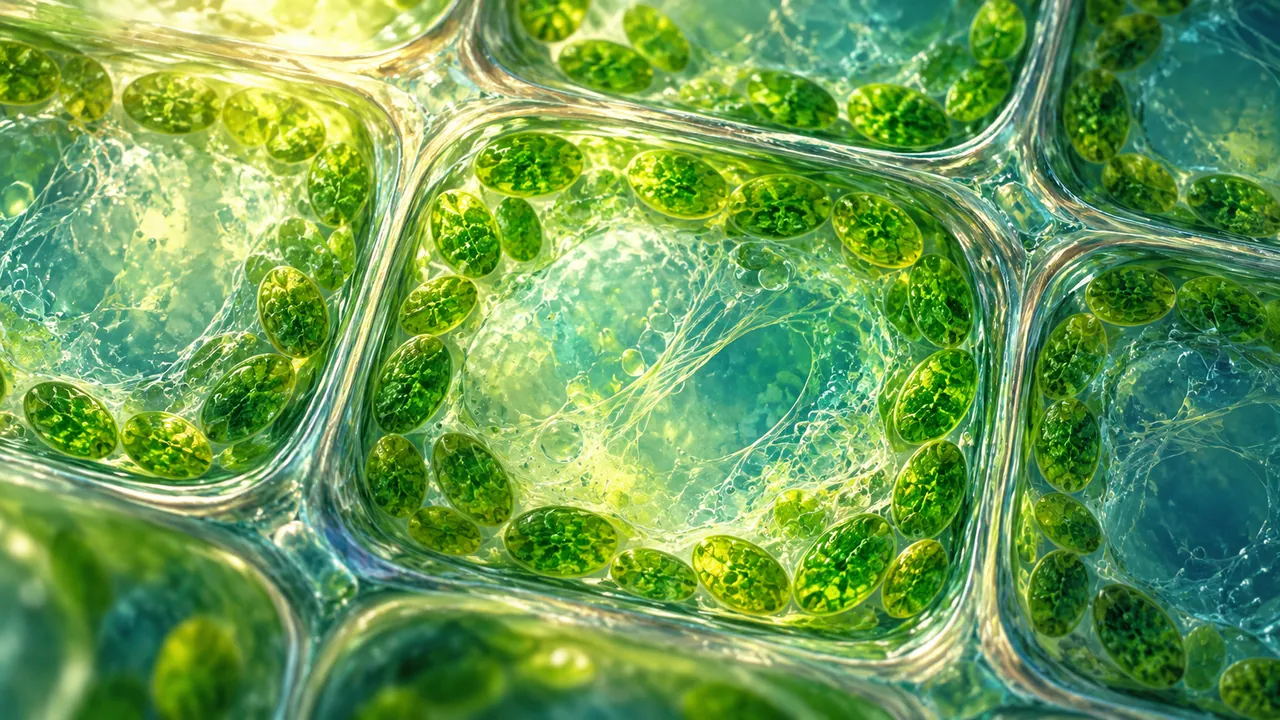 Representação artística de células vegetais com paredes celulares e estruturas verdes.