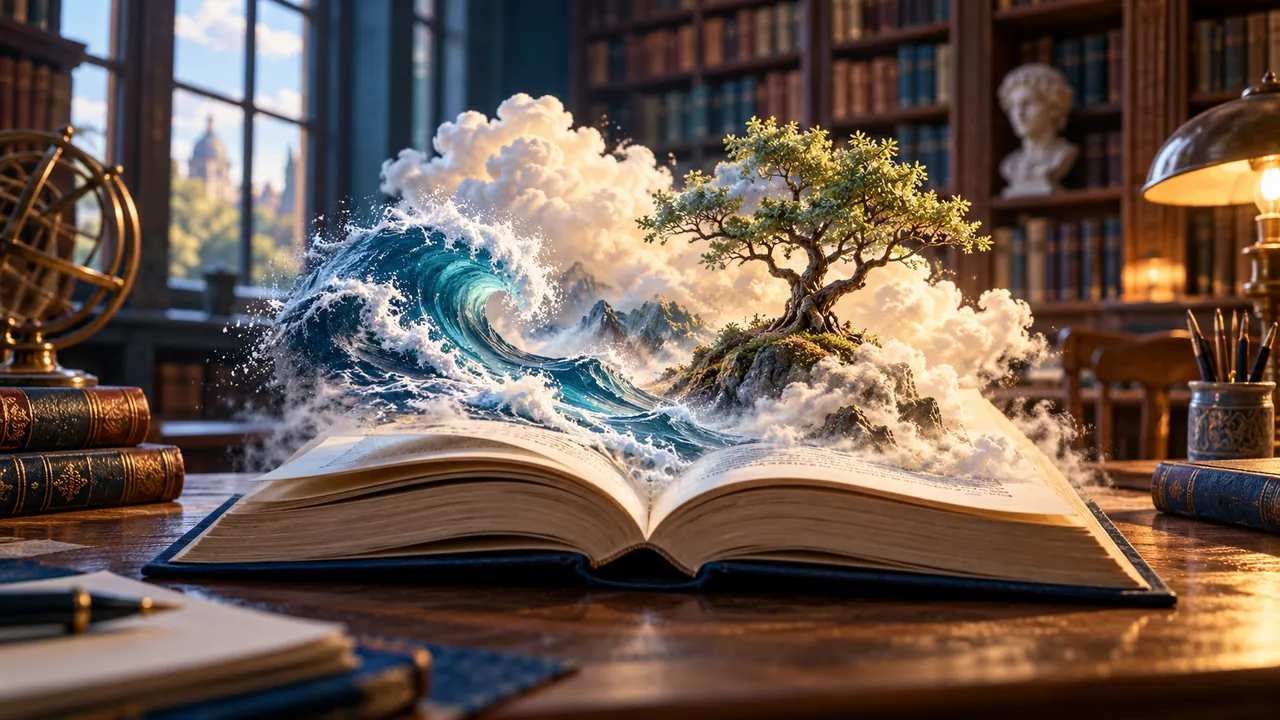 Livro aberto de cujas páginas surgem imagens imaginárias de névoa, ondas e árvore.