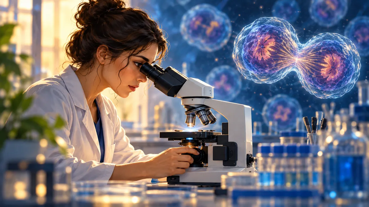 Pesquisadora observa uma amostra em um microscópio de laboratório.