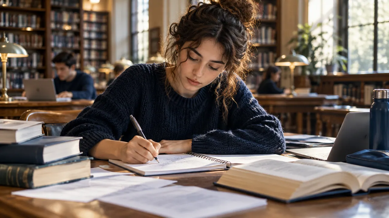 Estudiante escribe un borrador a mano en una mesa de biblioteca.