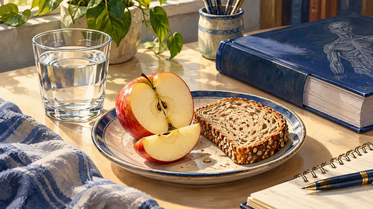 Manzana, pan integral y agua junto a un libro de estudio.