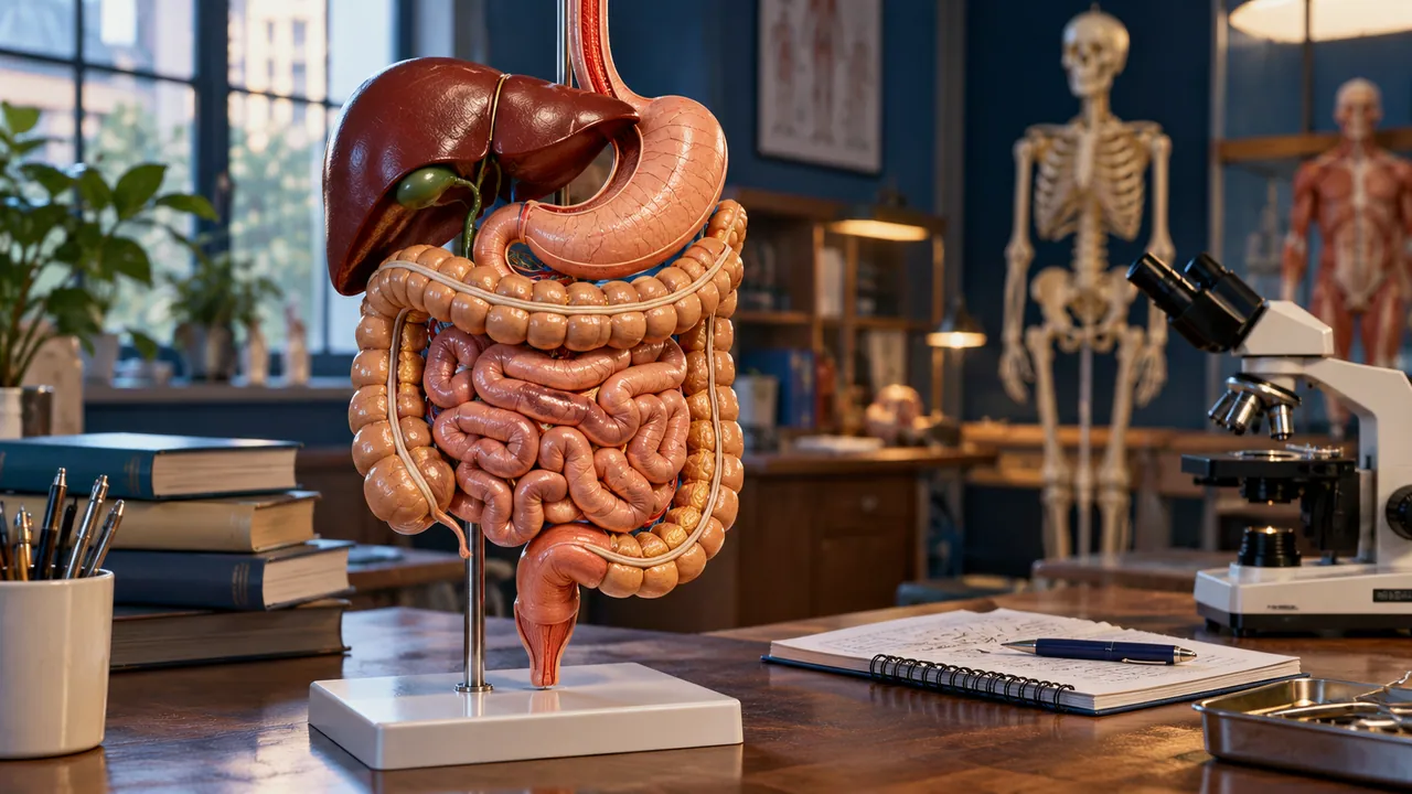 Modelo didáctico del aparato digestivo en un espacio de estudio de anatomía.
