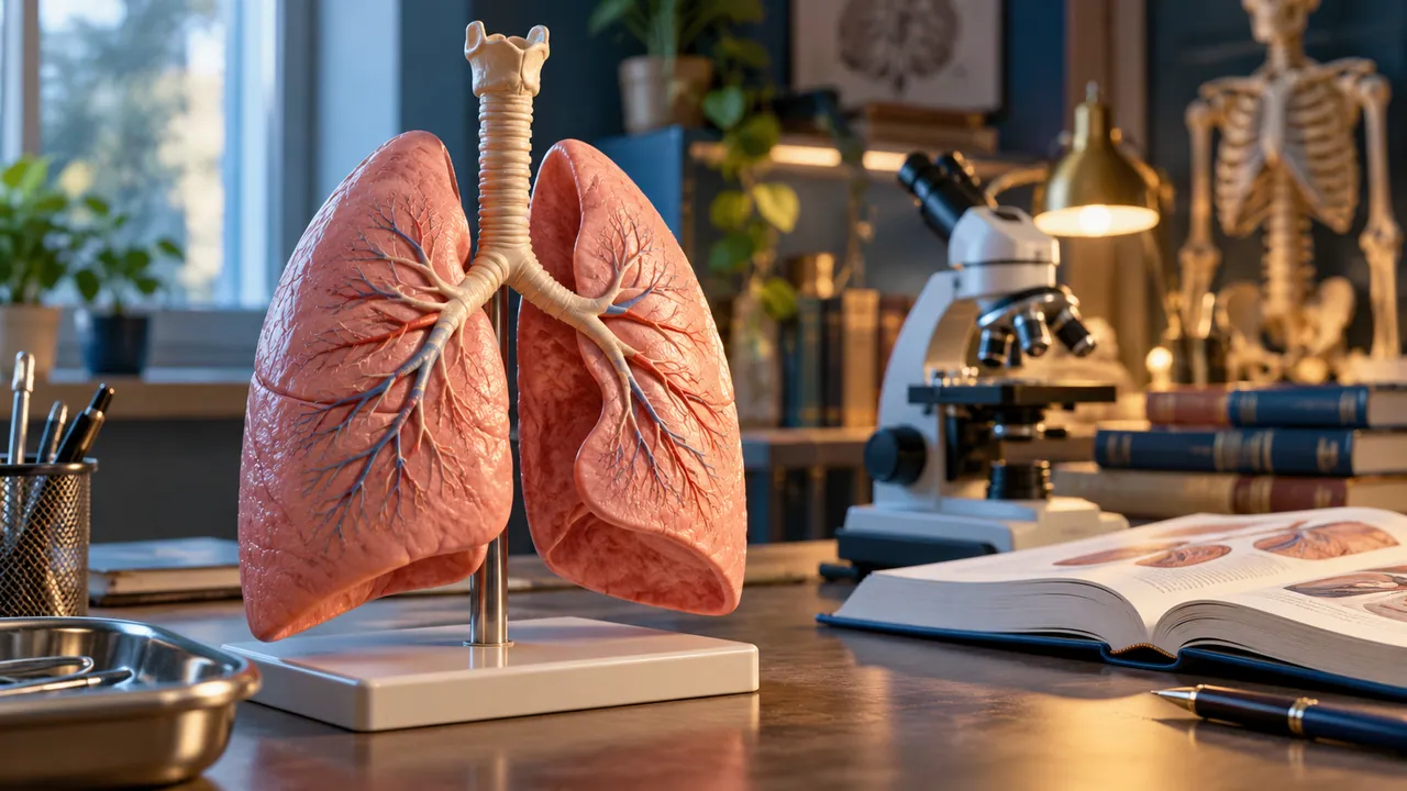Modelo de pulmões e traqueia sobre uma bancada de estudos de anatomia.