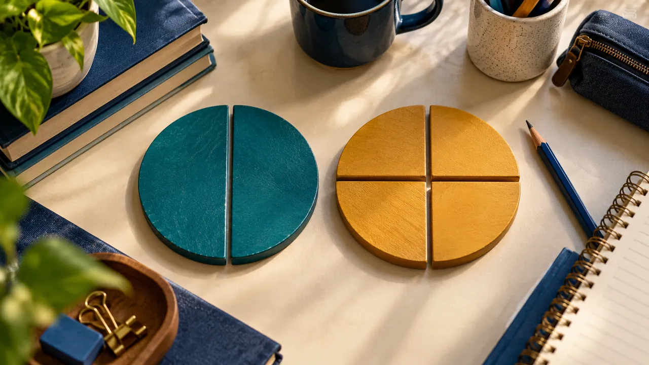 Piezas circulares para representar mitades y cuartos sobre una mesa de estudio.