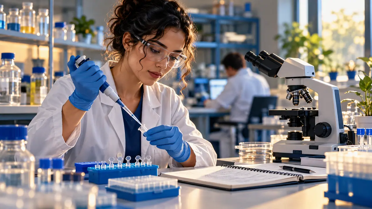 Pesquisadora manipula uma amostra com micropipeta em laboratório de bioquímica.