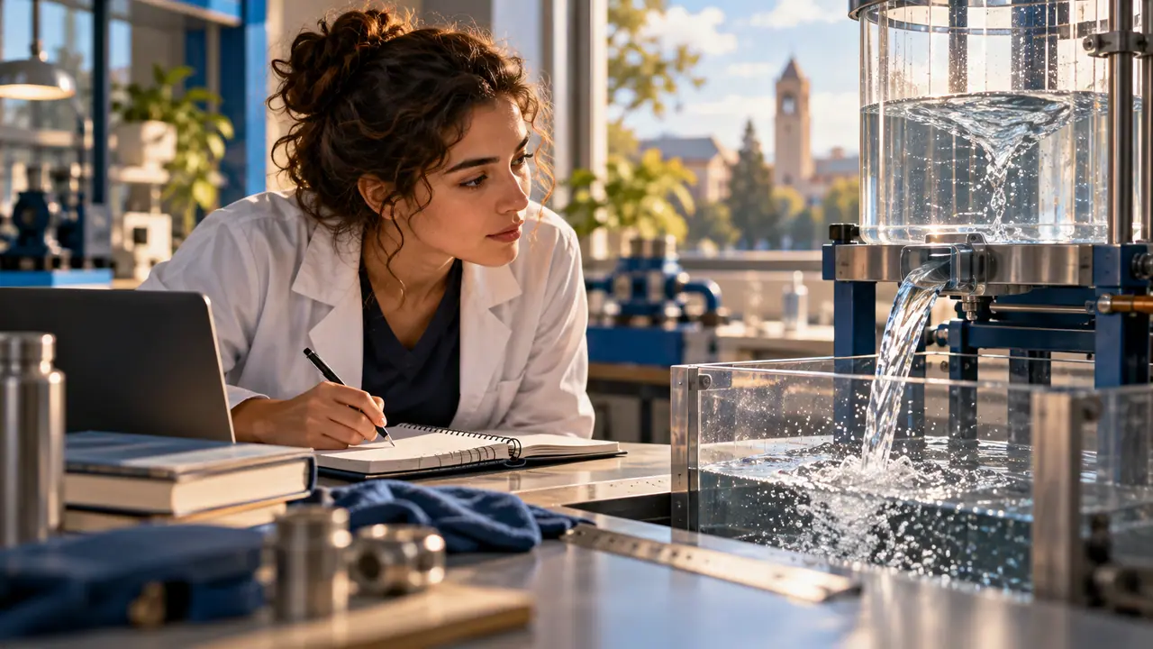 Estudiante de ingeniería observa un recipiente con agua en una práctica de modelación.