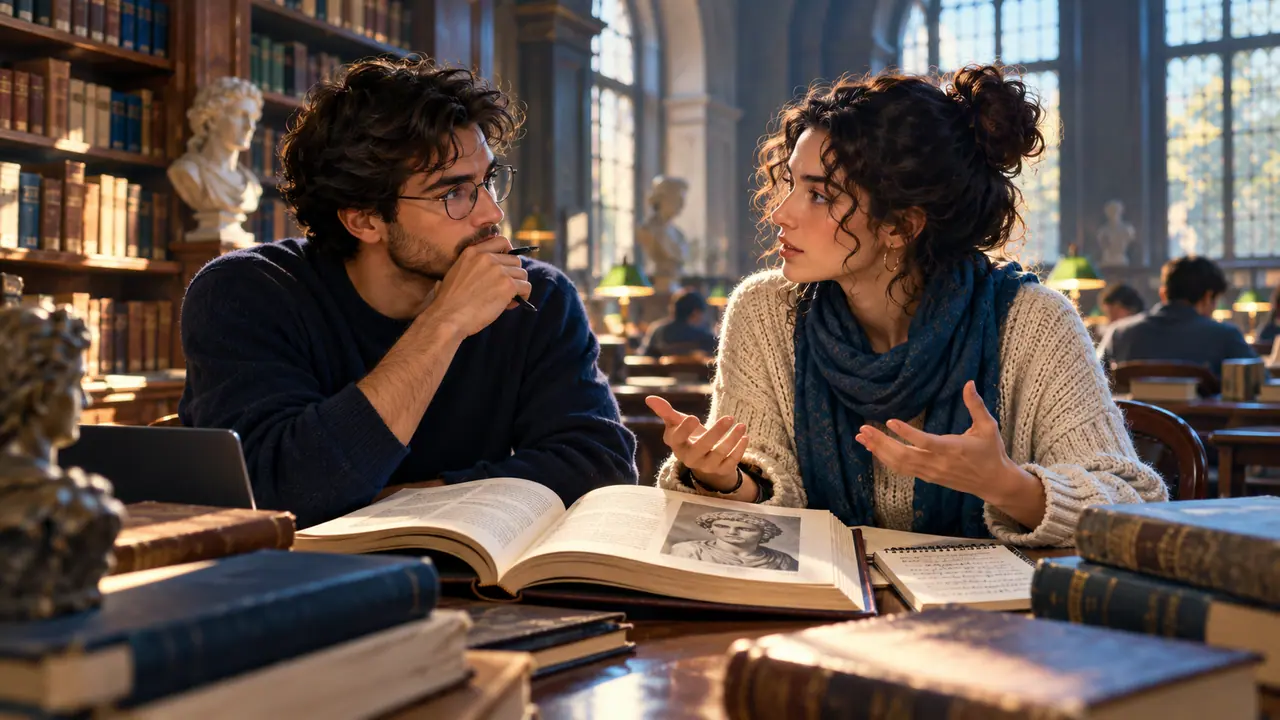 Dois estudantes discutem uma leitura filosófica em uma biblioteca.