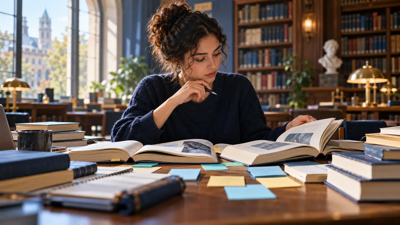 Estudiante de posgrado revisa bibliografía y notas para un proyecto de investigación.