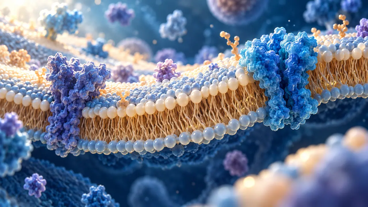 Ilustração conceitual de uma superfície de membrana com lipídios e proteínas.