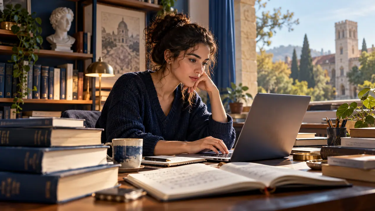 Investigadora consulta libros y una computadora para preparar un trabajo académico.