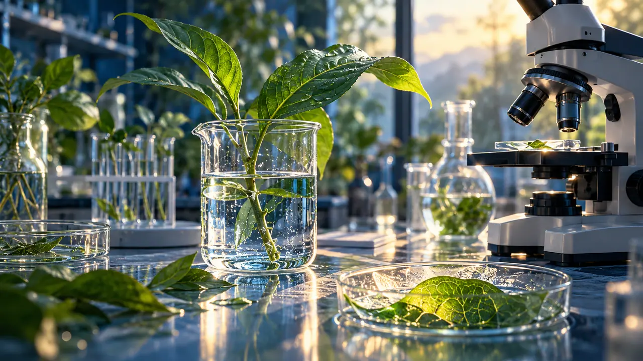 Folhas e recipientes com água em um laboratório de fisiologia vegetal.