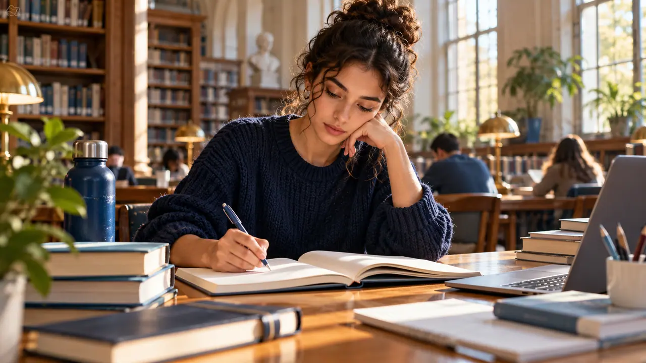Estudiante organiza notas de lectura sobre una mesa de biblioteca.