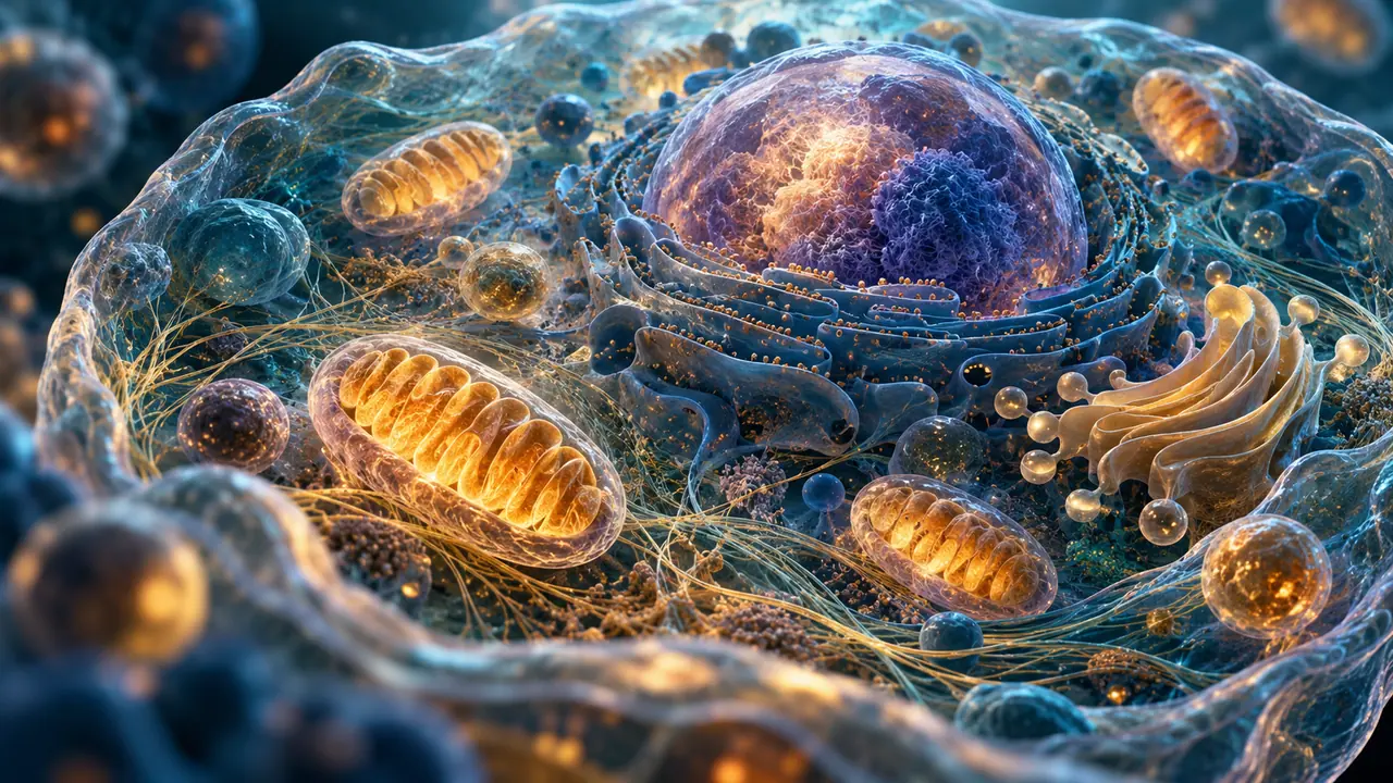 Ilustración conceptual de una célula con mitocondrias en tonos azules y dorados.