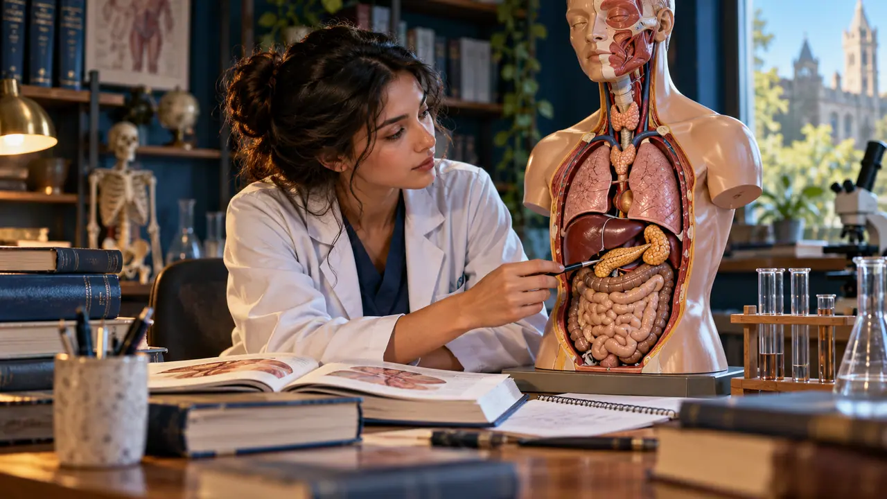 Estudante examina um modelo didático de torso humano em uma sala de anatomia.