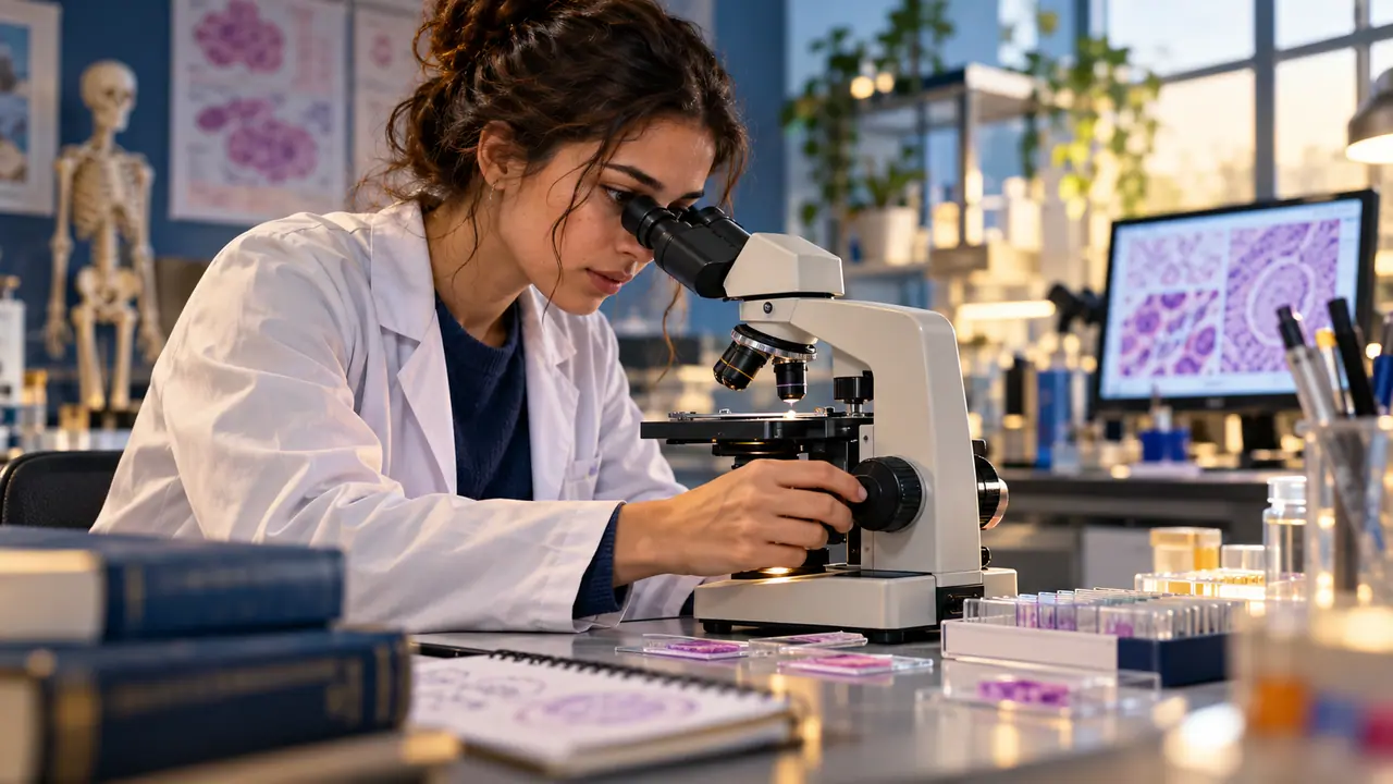 Estudante de histologia utiliza um microscópio em laboratório.