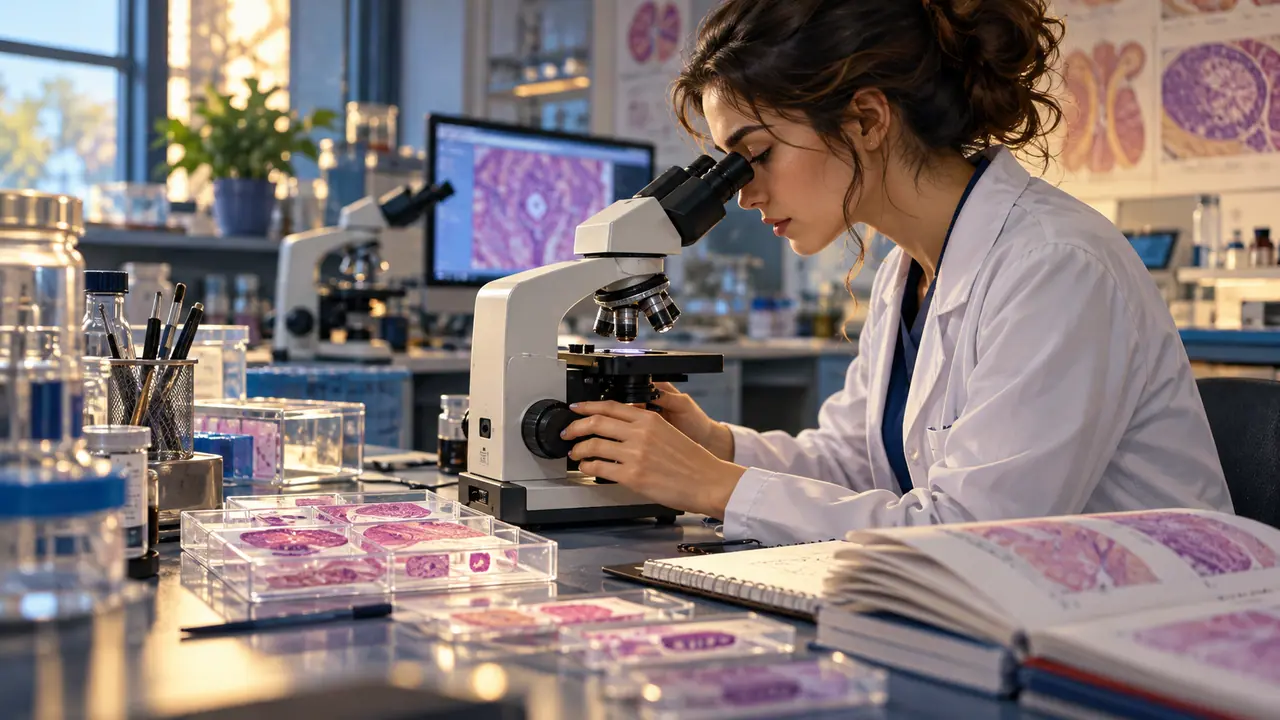 Microscopio y materiales de histología en una mesa de laboratorio universitario.