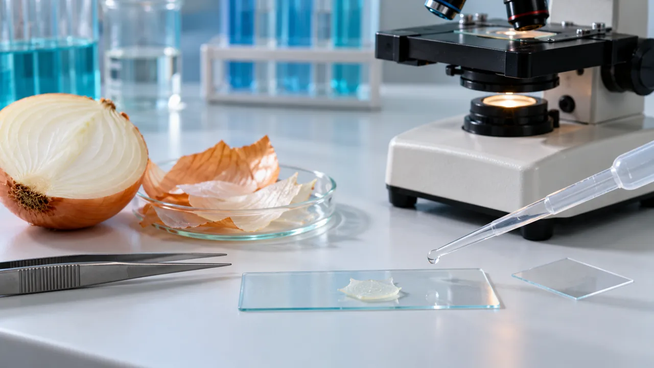 Preparación de una muestra de cebolla en una mesa con microscopio.