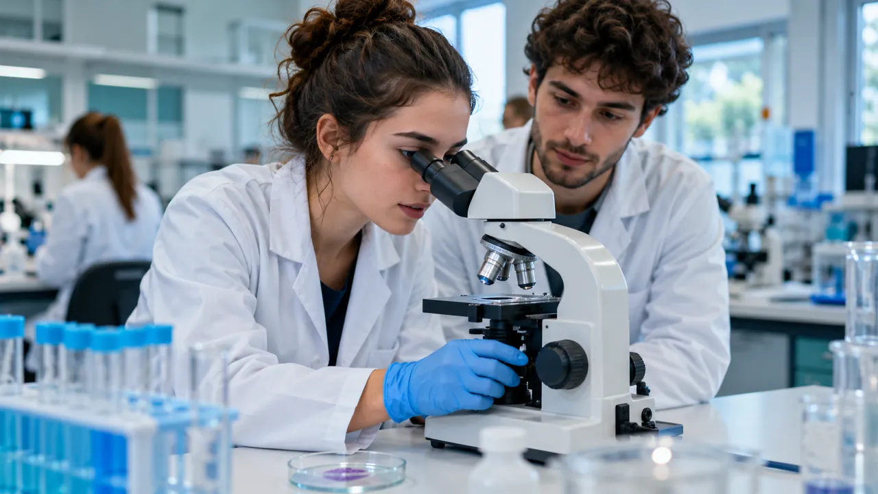 Dos estudiantes trabajan con un microscopio en un laboratorio.