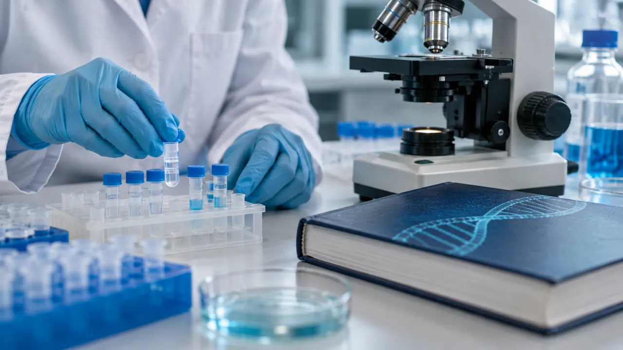 Mãos com luvas organizam tubos de amostras ao lado de um microscópio.