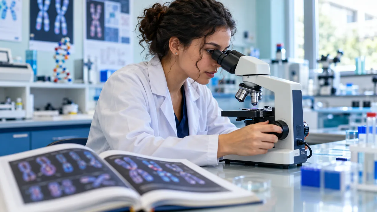 Pesquisadora utiliza um microscópio em um laboratório de genética.