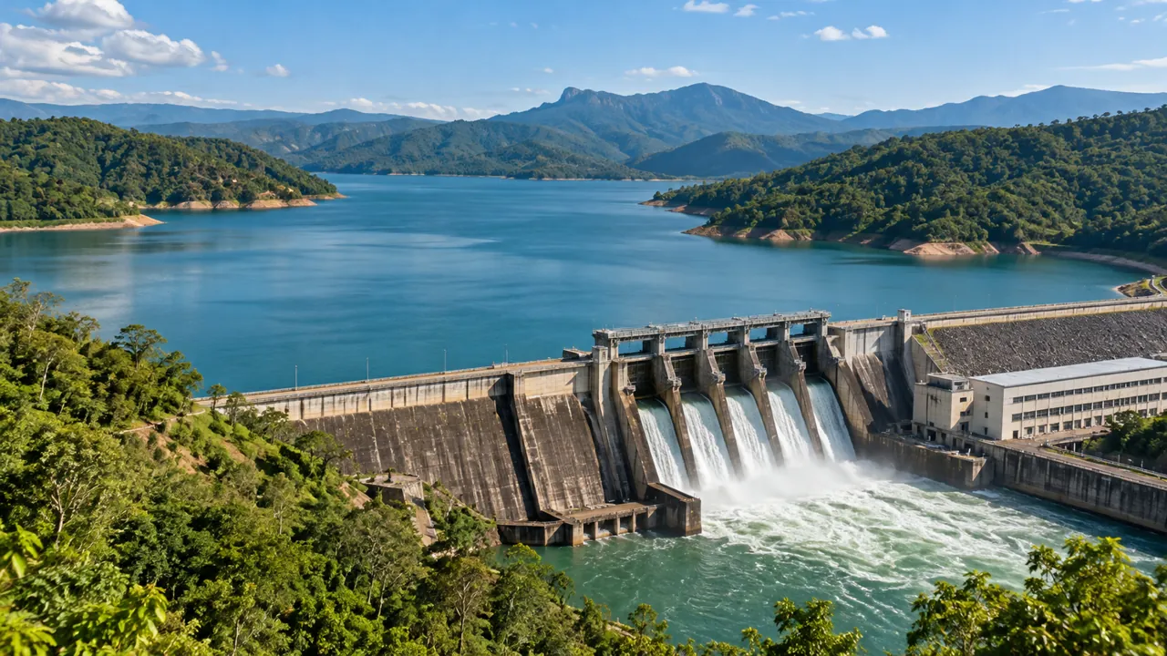 Presa y embalse en un paisaje montañoso.