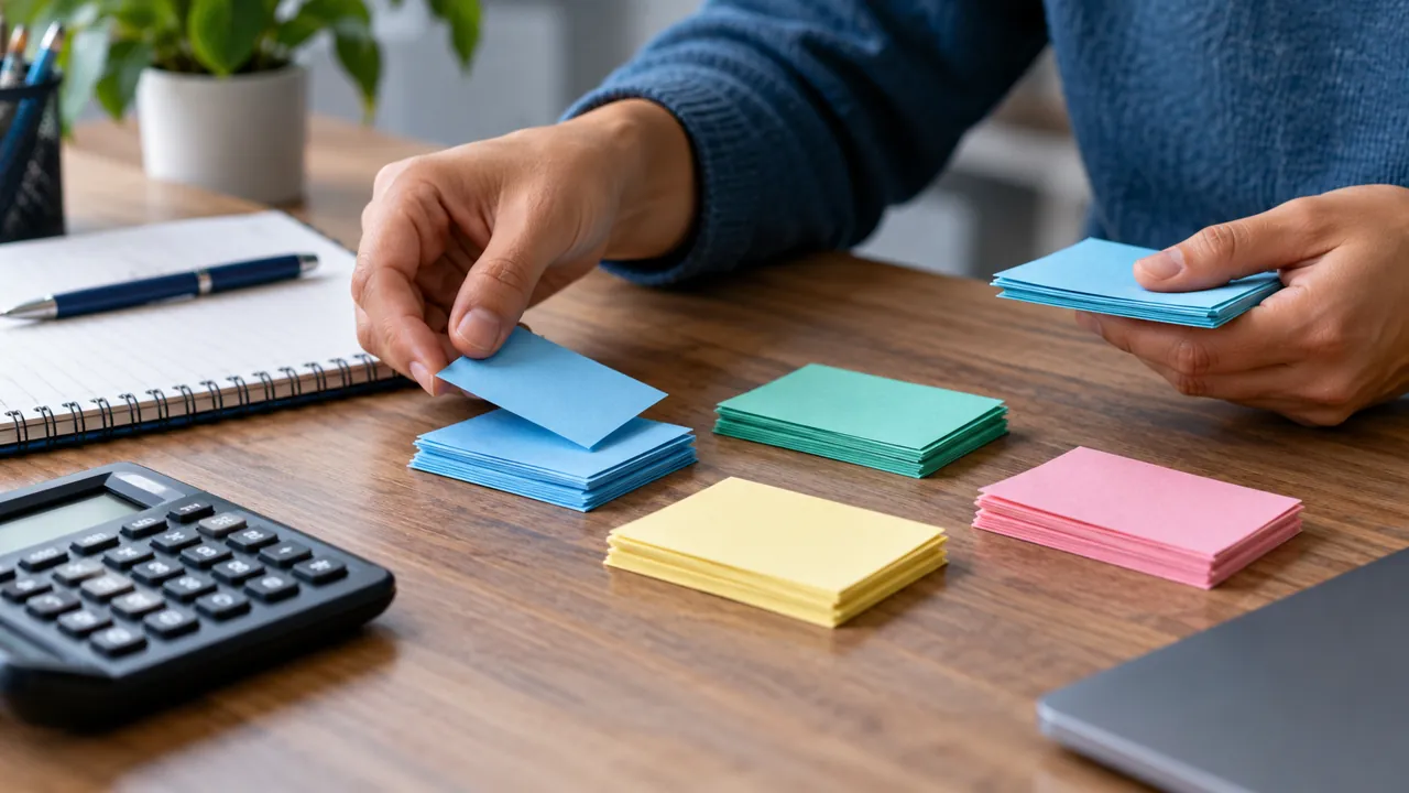 Mãos organizam fichas coloridas ao lado de uma calculadora.