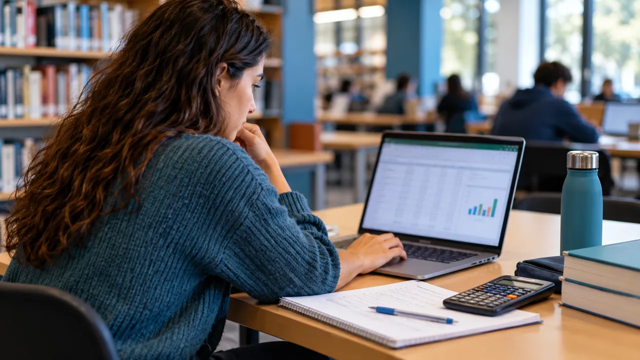 Estudante examina uma planilha no computador em uma biblioteca.