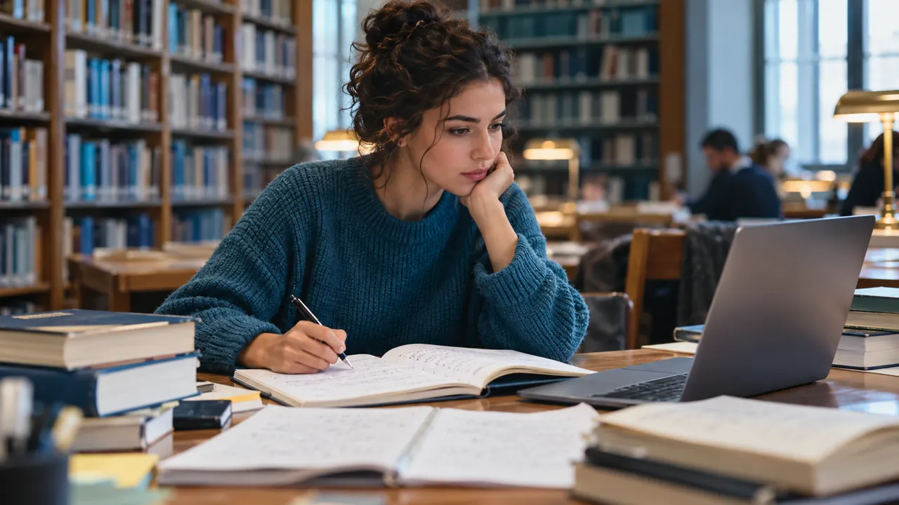Estudante consulta um livro e escreve anotações em uma biblioteca.