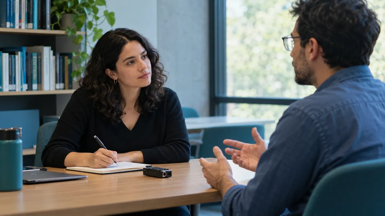 Dos adultos conversan durante una entrevista en una biblioteca.