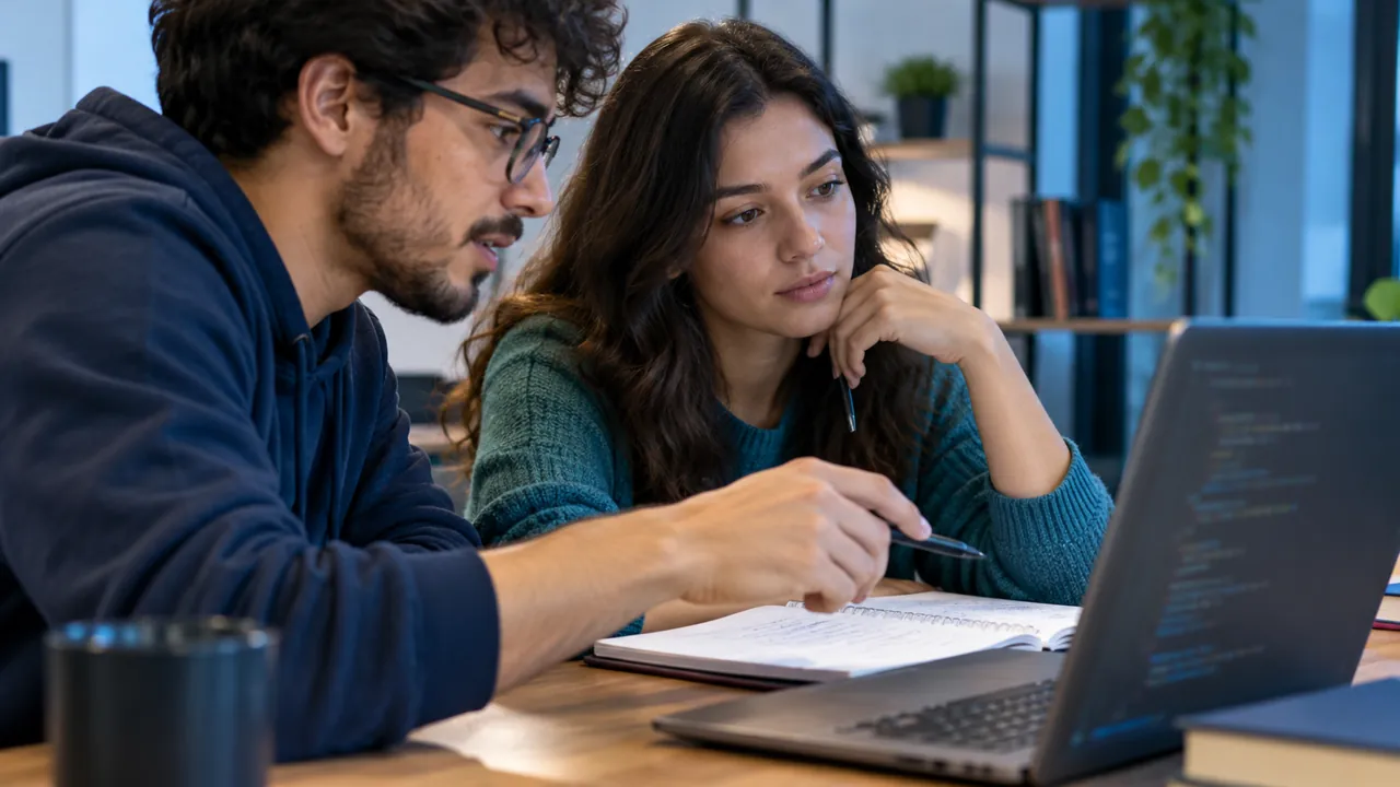 Dois estudantes revisam um programa no computador.
