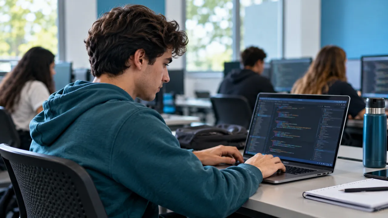 Programador trabalha em um computador em um laboratório universitário.