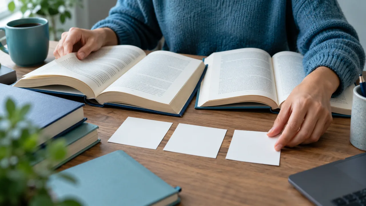 Manos organizan notas de lectura junto a dos libros abiertos.