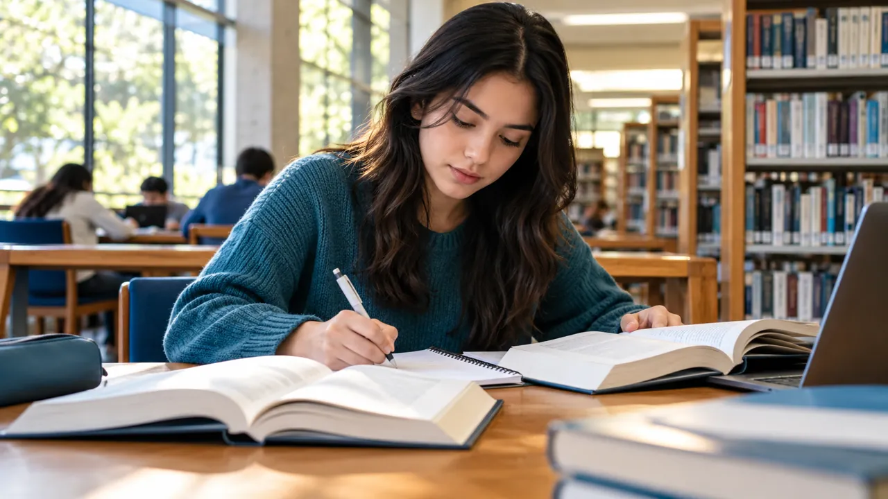 Estudiante lee varios libros en una biblioteca universitaria.