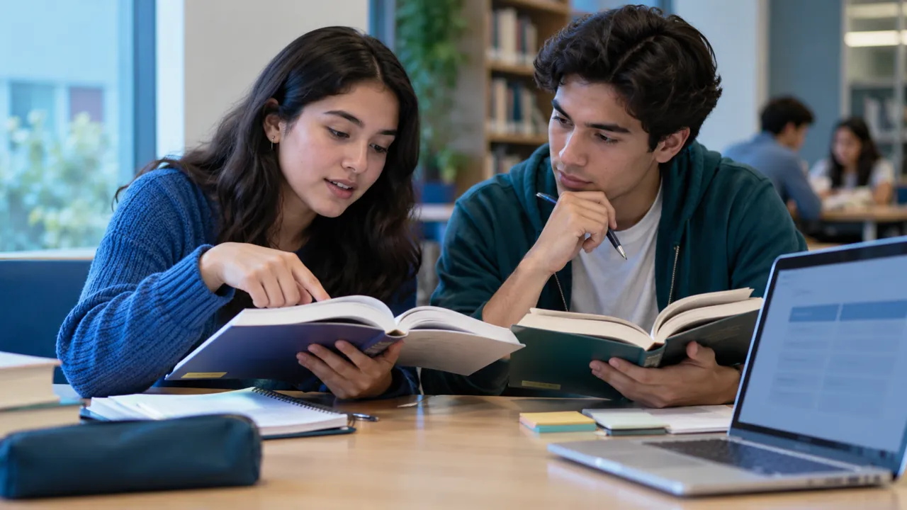 Dos estudiantes comparan lecturas en una mesa de biblioteca.