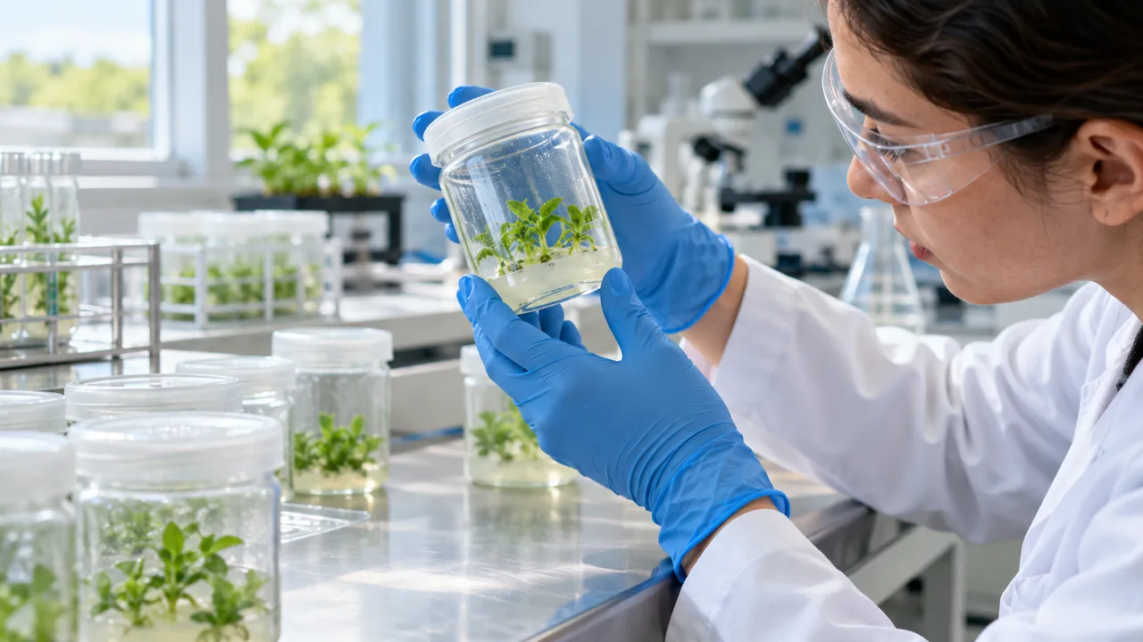 Frascos de cultura vegetal em uma bancada de laboratório, em cena ilustrativa.