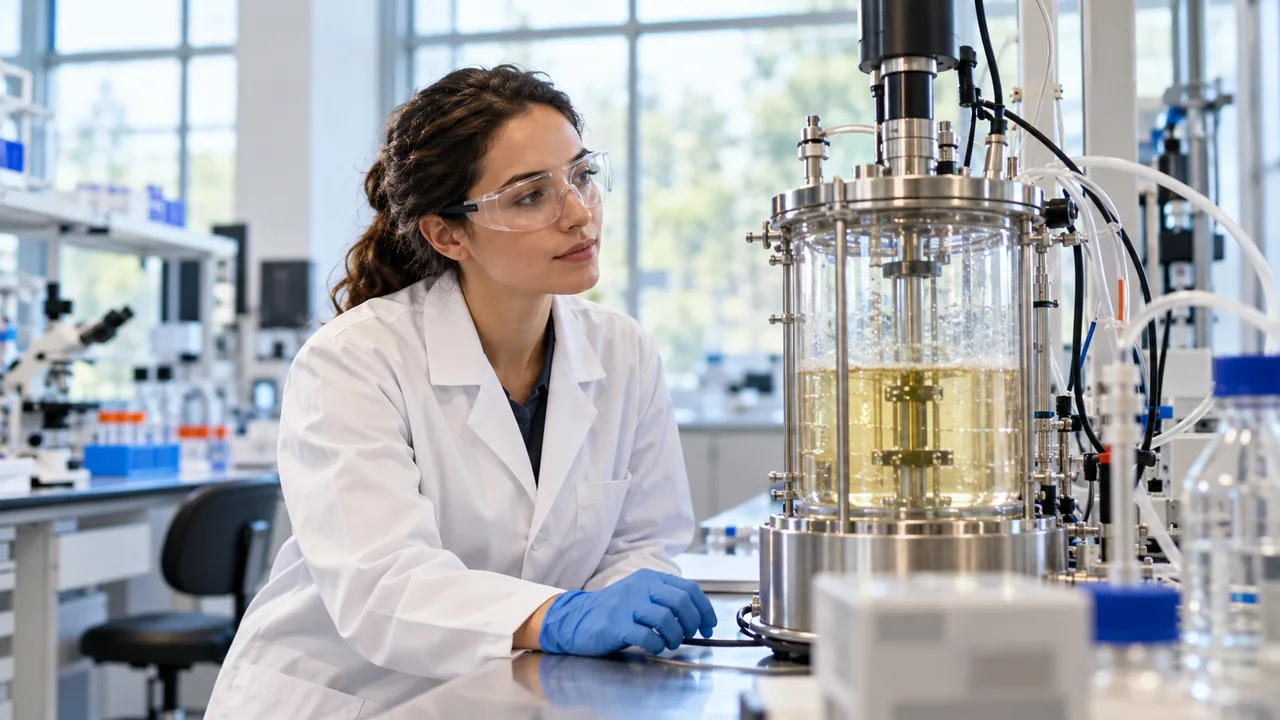 Pesquisadora junto a um biorreator em laboratório de biotecnologia, em cena ilustrativa.