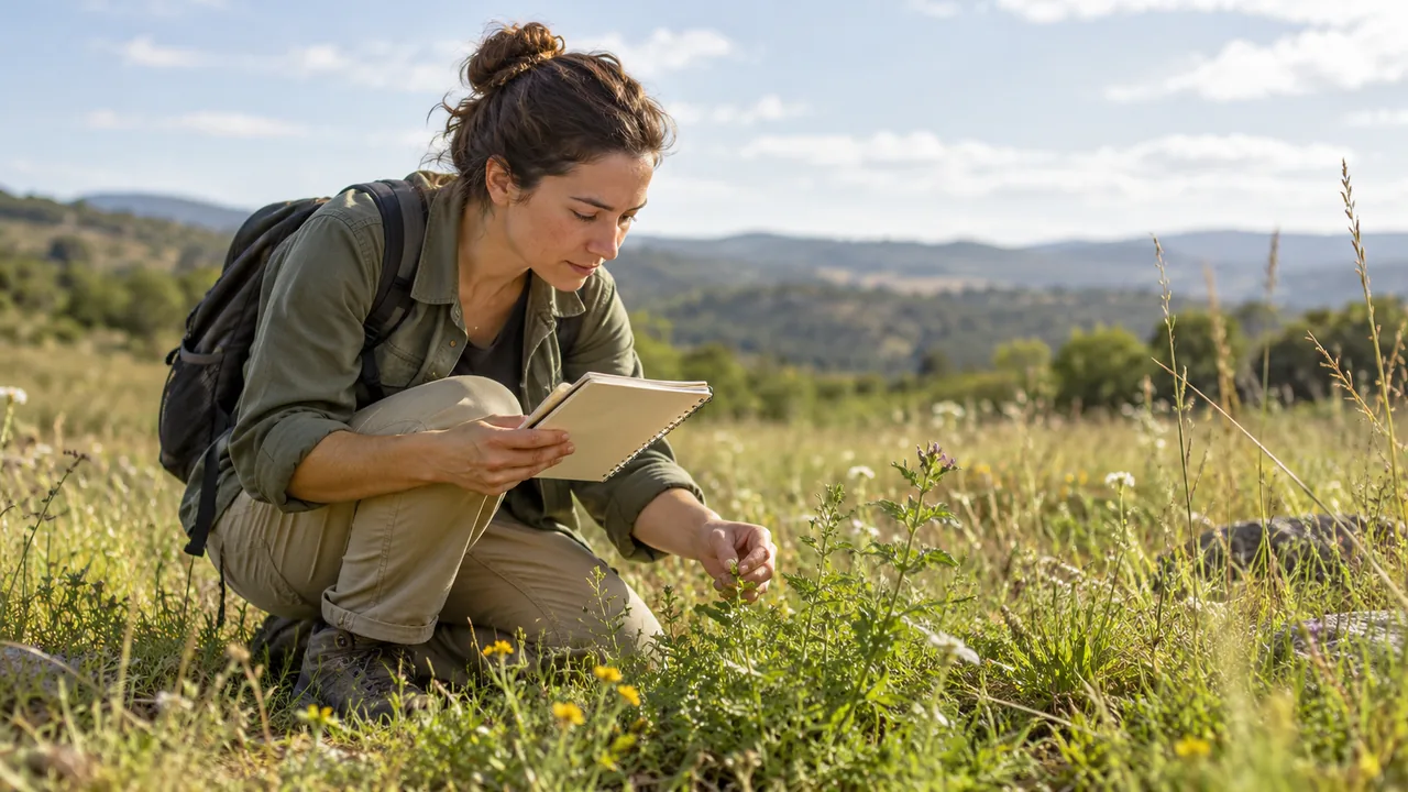 Pesquisadora observa plantas em uma área de campo, em cena ilustrativa de estudo de populações.
