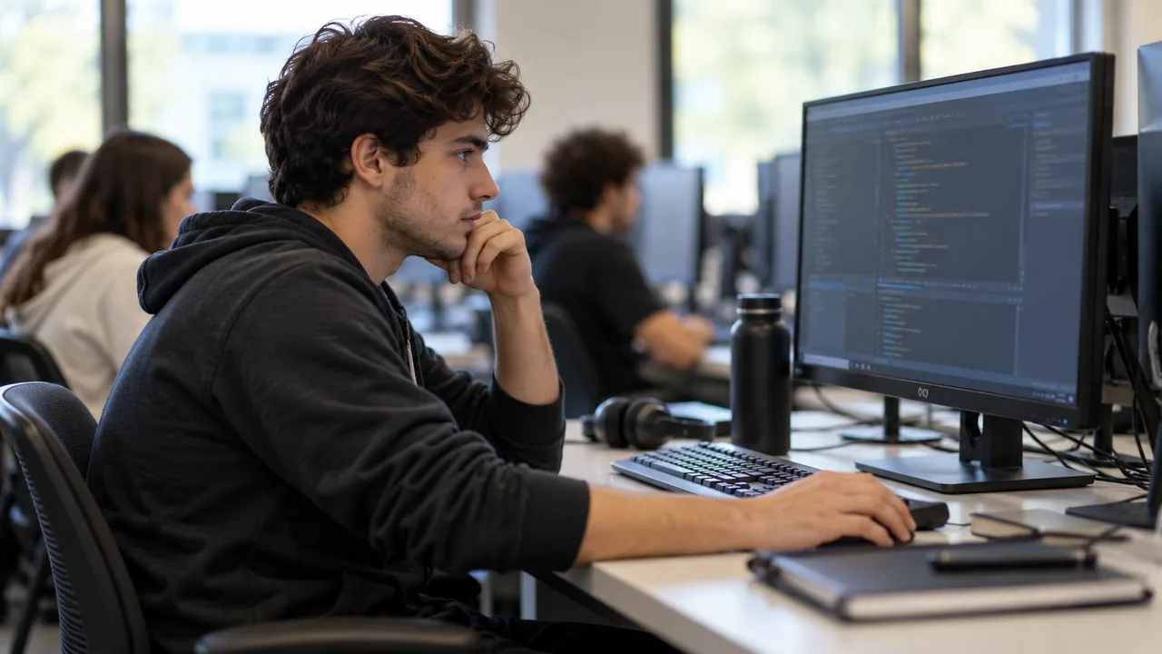 Estudante utiliza um computador em uma sala de estudo de programação.