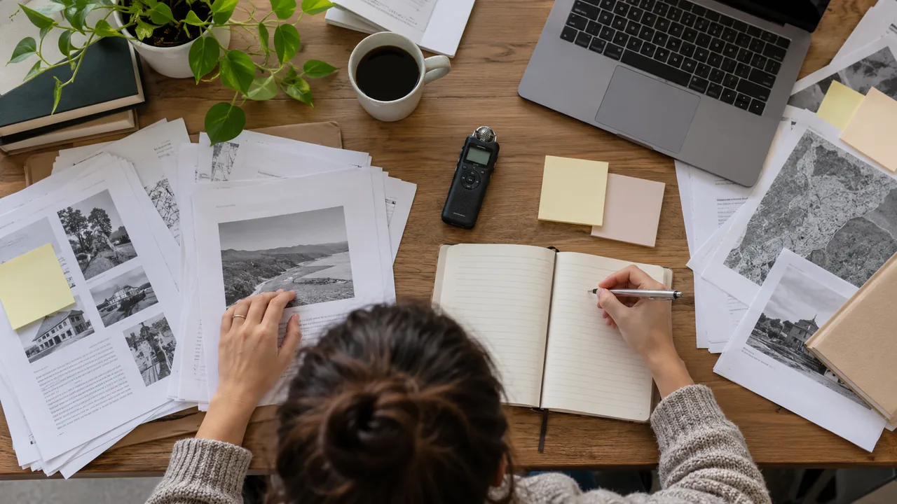 Mesa de pesquisa com documentos, caderno e materiais de consulta.