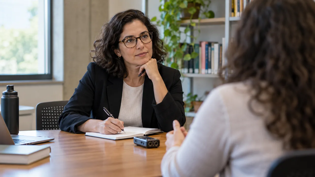 Pesquisadora realiza uma entrevista e toma notas em uma biblioteca universitária.