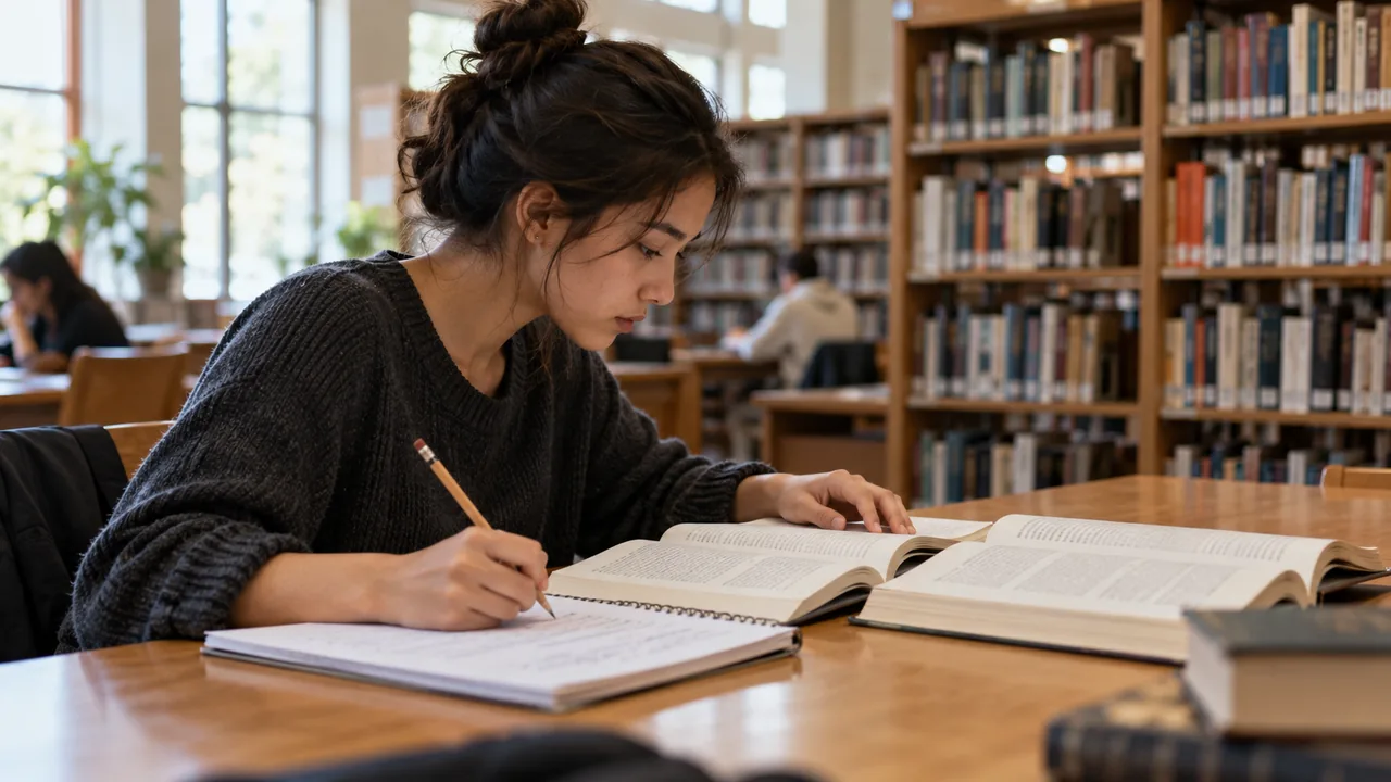 Estudiante compara dos libros abiertos en una mesa de biblioteca.