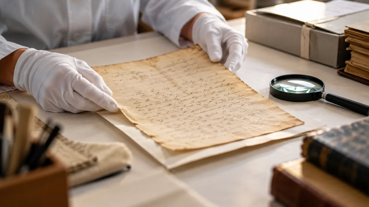 Manos con guantes examinan un documento antiguo junto a una lupa y libros de consulta.