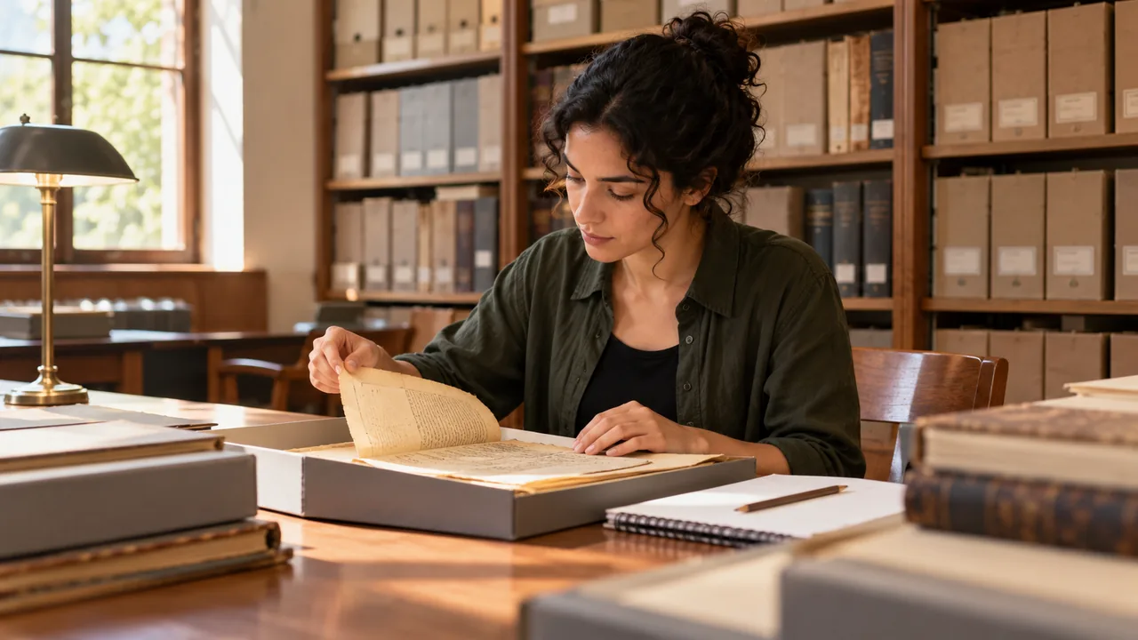 Investigadora consulta documentos y toma notas en una biblioteca universitaria.