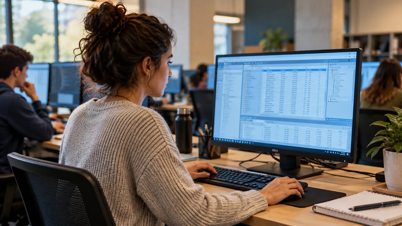 Estudiante revisa una computadora y tarjetas de organización de datos sobre una mesa.