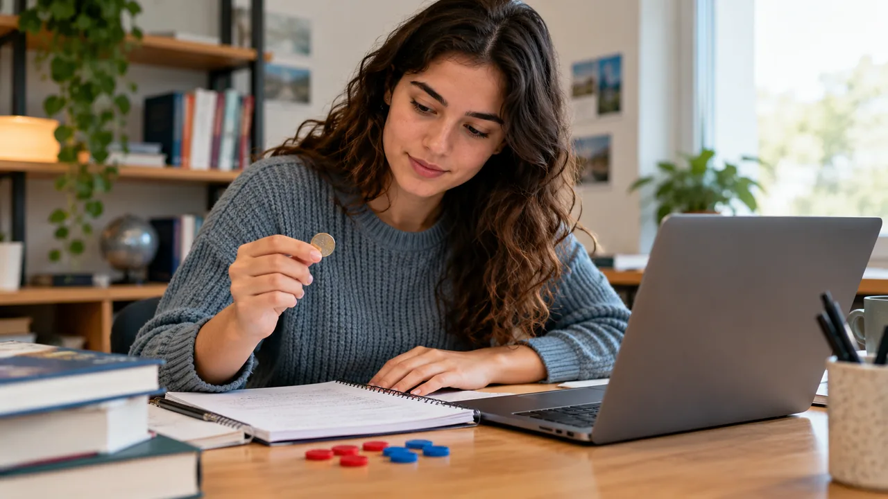Estudiante trabaja con fichas de colores, un cuaderno y una computadora portátil.