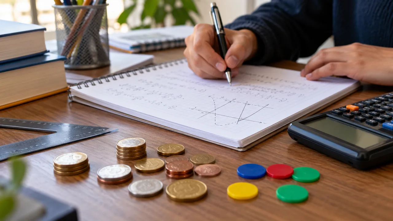 Monedas, calculadora y cuaderno dispuestos sobre una mesa de estudio.