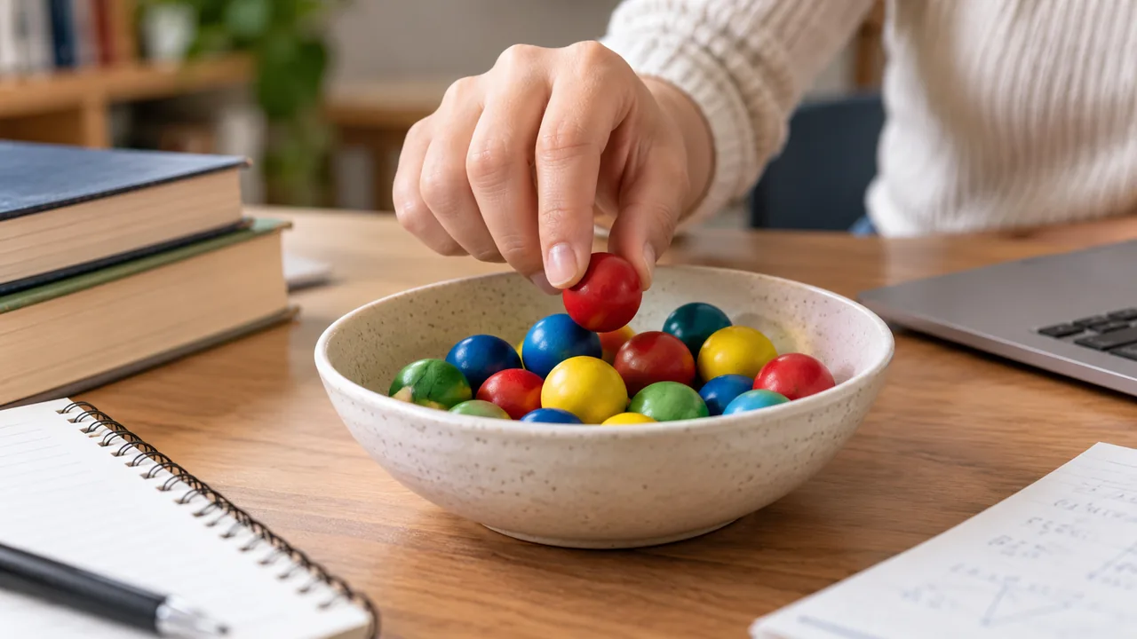 Uma mão seleciona uma bola colorida de um recipiente em uma cena ilustrativa de probabilidade.