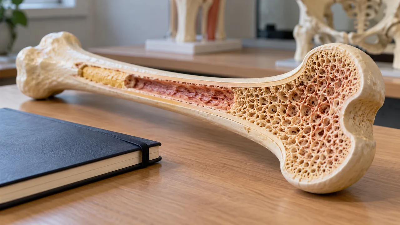 Detalle de una réplica didáctica de hueso con zonas compacta y esponjosa.