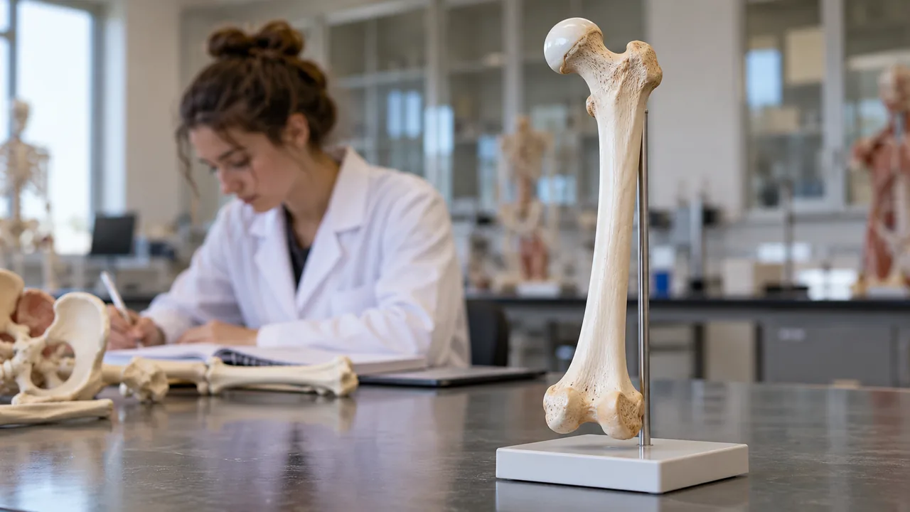 Modelo didáctico de un hueso largo sobre una mesa de laboratorio universitario.