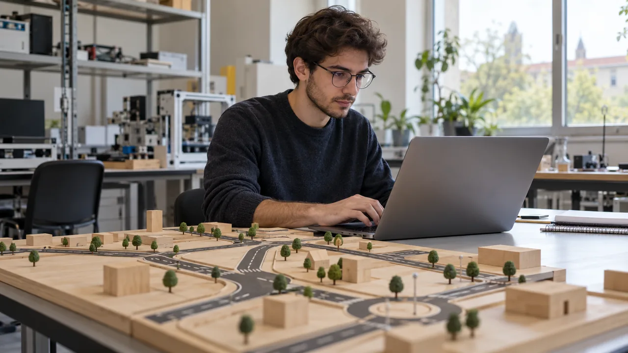 Estudante de computação trabalha junto a um modelo físico de caminhos sobre a mesa.